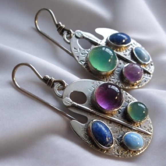 Jewelry - Silver Earrings with Multicolor Gemstones